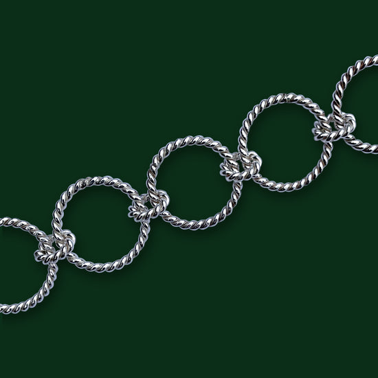 A close up on Timio's Carousel chain links on dark green background.