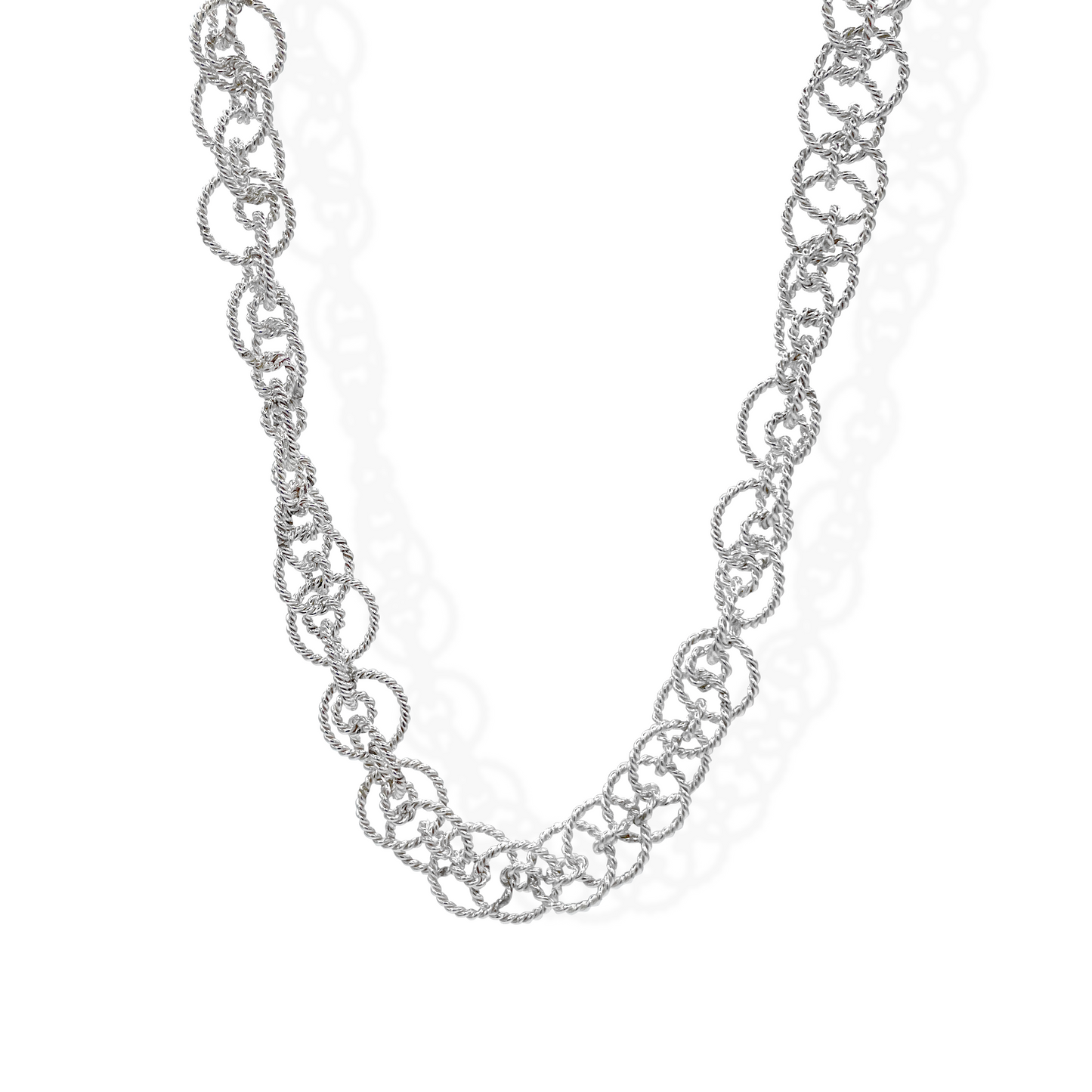 Derived from the Celestial style, the Ethereal chain is a glittering masterpiece of intricate interlocking twisted circles of varied sizes. 